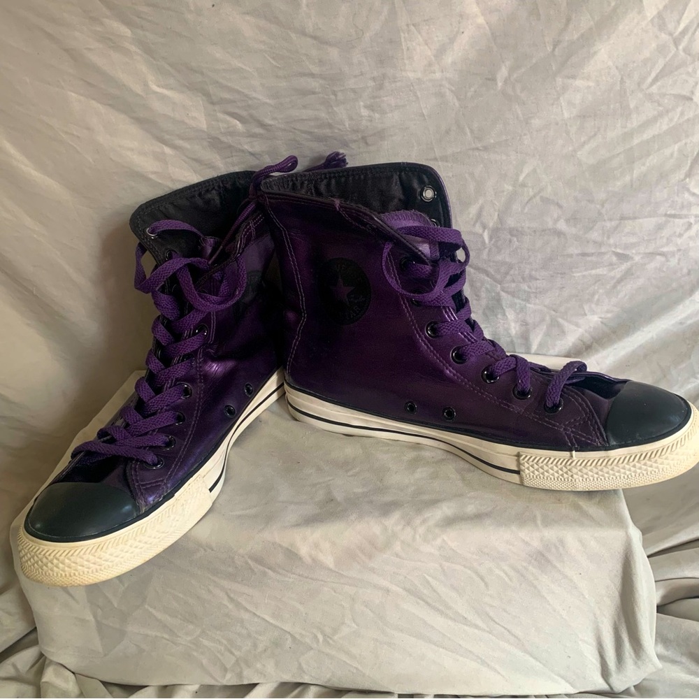 Converse, Hi-tops, RARE purple metallic vinyl, black satin, purple laces…